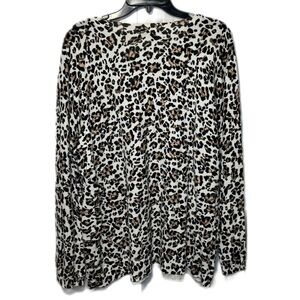 Talbots Leopard Print Crewneck Sweater in White, Black & Brown